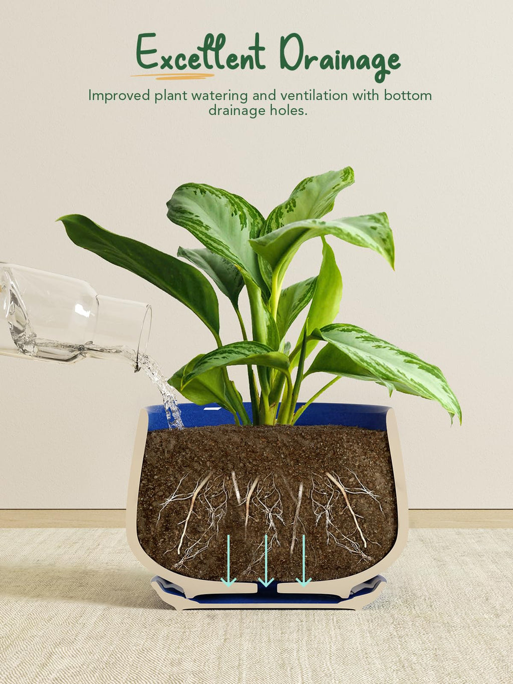 LE TAUCI Plant Pots, 10+13+16 cm Planters, Set of 3 Ceramic Planters with Drainage Hole and Saucer, Indoor Plant Pot with Hole Mesh Pad, Gifts for Mom, Sapphire Blue
