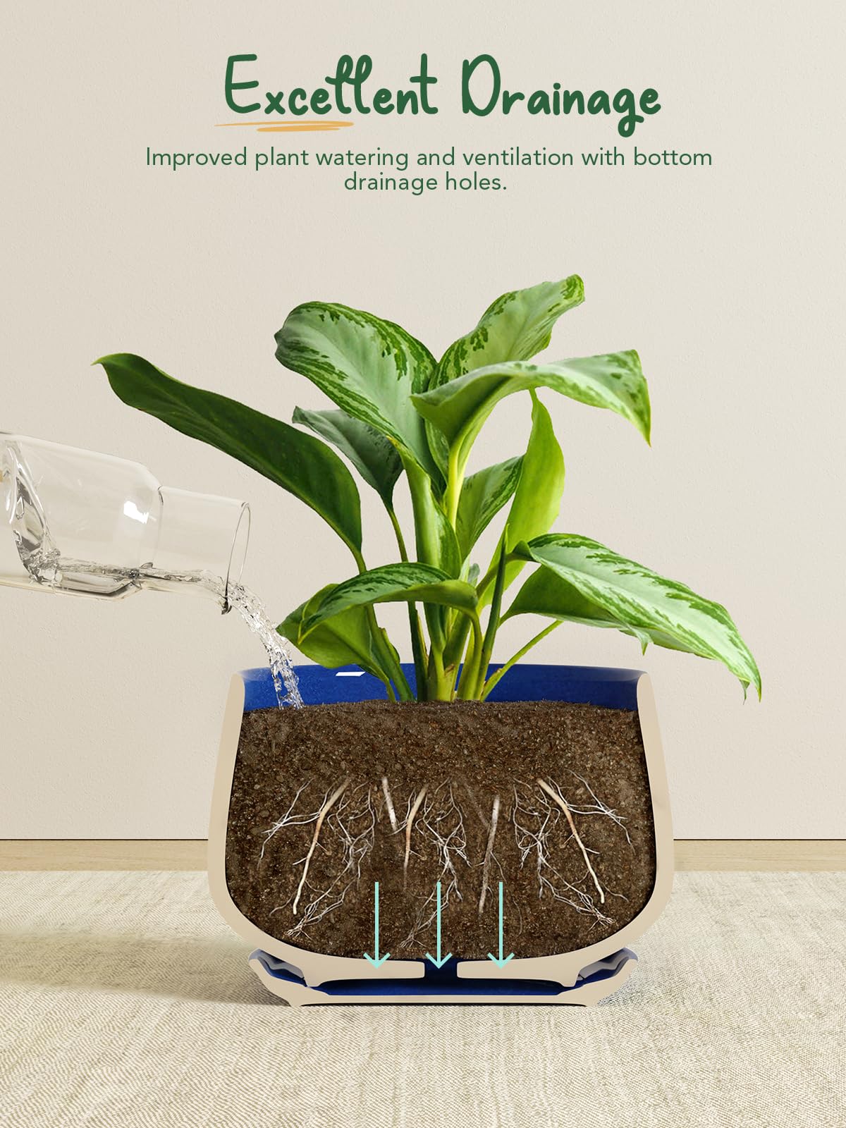 LE TAUCI Plant Pots, 10+13+16 cm Planters, Set of 3 Ceramic Planters with Drainage Hole and Saucer, Indoor Plant Pot with Hole Mesh Pad, Gifts for Mom, Sapphire Blue
