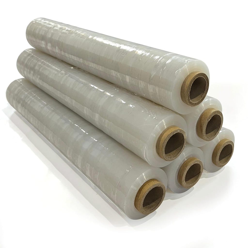 JeeJaan® 6 Rolls Clear Mini Handy Shrink Wrap 100mm x 150m 17mu - Extended Core Self-Adhering Pallet Stretch Wrapper - Heavy Duty Plastic Wrap for Moving House Furniture Wrapping Film