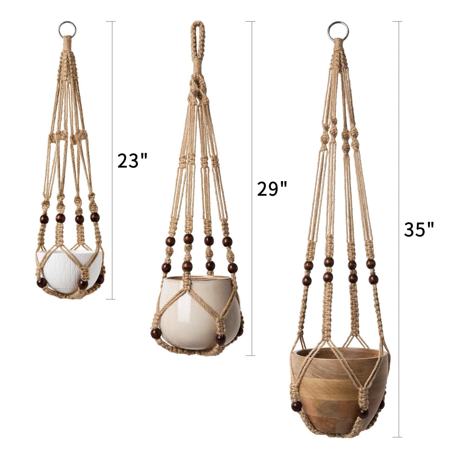 Mkouo 3 Pack Macrame Plant Hangers Indoor Hanging Planter Basket Flower Pot Holder Cotton Rope with Beads No Tassels, 58cm/73cm/89cm