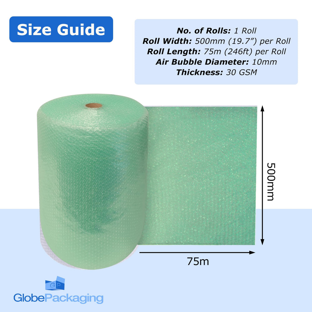 Globe Packaging 500mm x 50m Green Biodegradable Bubble Wrap Roll with Small Air Bubbles - Cushioning & Protection Packaging for Moving House, Ecommerce and Storage