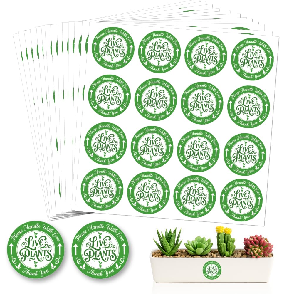 320 Pcs Green Live Plants Stickers, 5 CM Please Handle with Love Stickers Fragile Thank You Shipping Labels Round Self-Adhesive Lables for Garden Plants Landscaping Containers