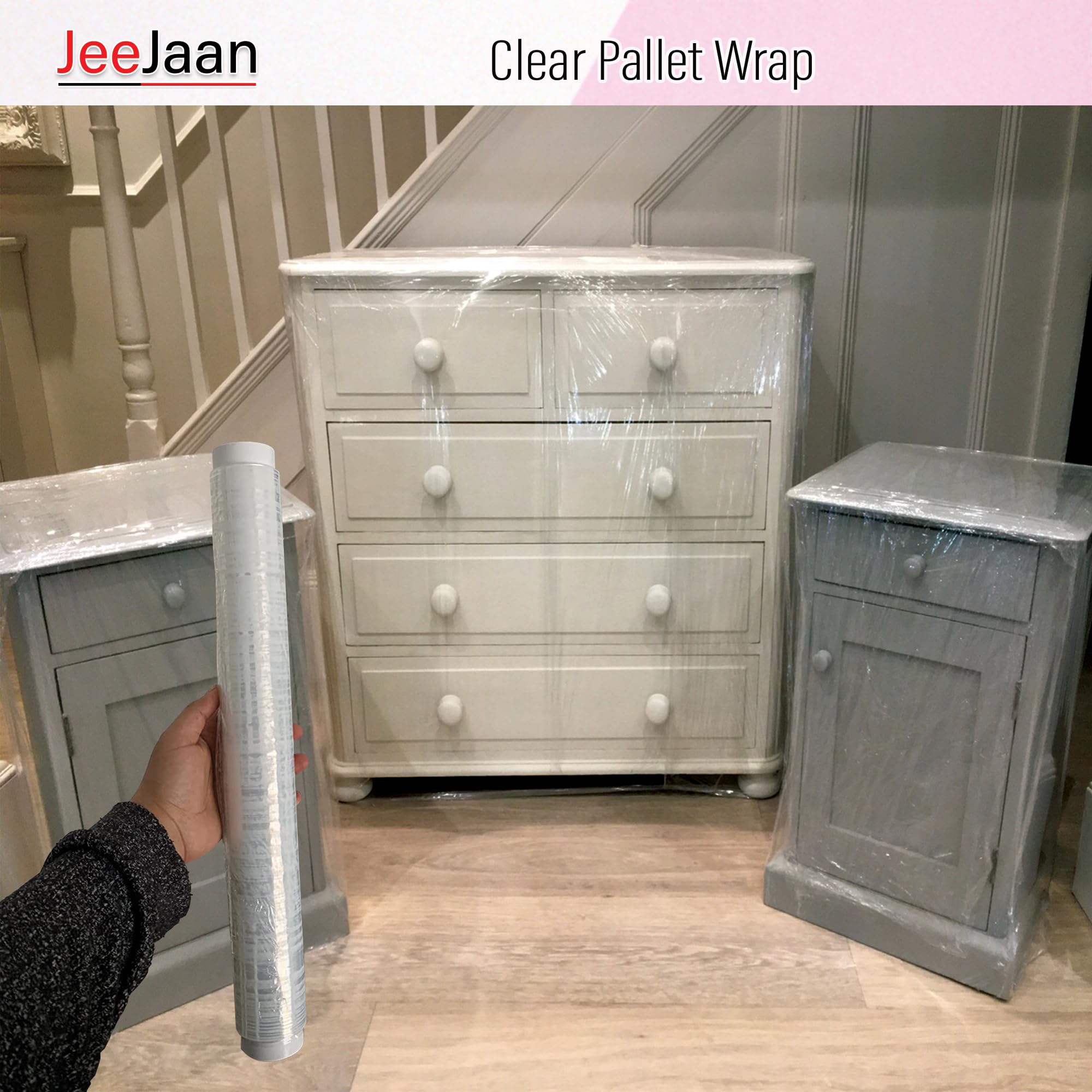 JeeJaan® 6 Rolls Clear Mini Handy Shrink Wrap 100mm x 150m 17mu - Extended Core Self-Adhering Pallet Stretch Wrapper - Heavy Duty Plastic Wrap for Moving House Furniture Wrapping Film