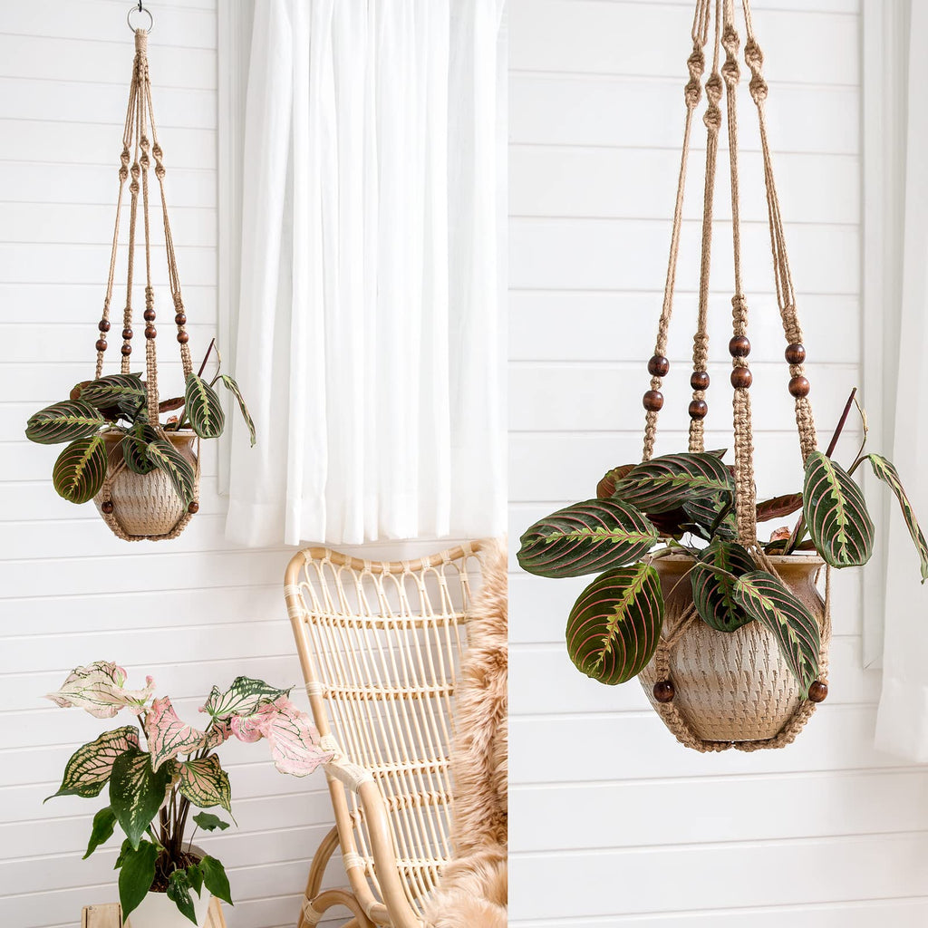 Mkouo 3 Pack Macrame Plant Hangers Indoor Hanging Planter Basket Flower Pot Holder Cotton Rope with Beads No Tassels, 58cm/73cm/89cm