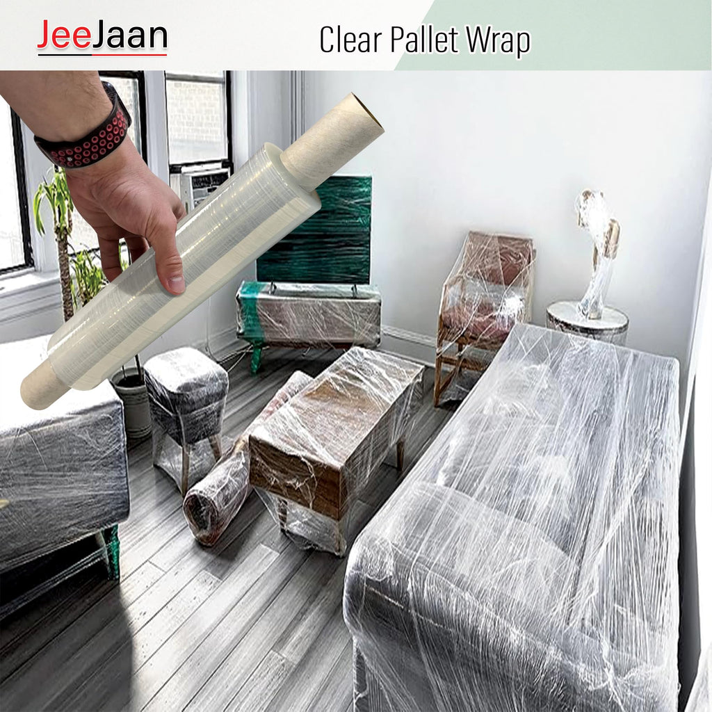 JeeJaan® 6 Rolls Clear Mini Handy Shrink Wrap 100mm x 150m 17mu - Extended Core Self-Adhering Pallet Stretch Wrapper - Heavy Duty Plastic Wrap for Moving House Furniture Wrapping Film
