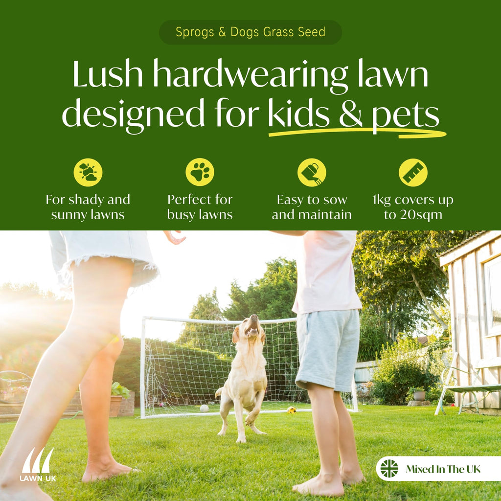 Lawn UK Hardwearing Grass Seed - Sprogs & Dogs Grass Seeds Fast Growing - 500g up to 15sqm Coverage - Ideal for Family Lawns - Super Durable Perfect for Children & Pets