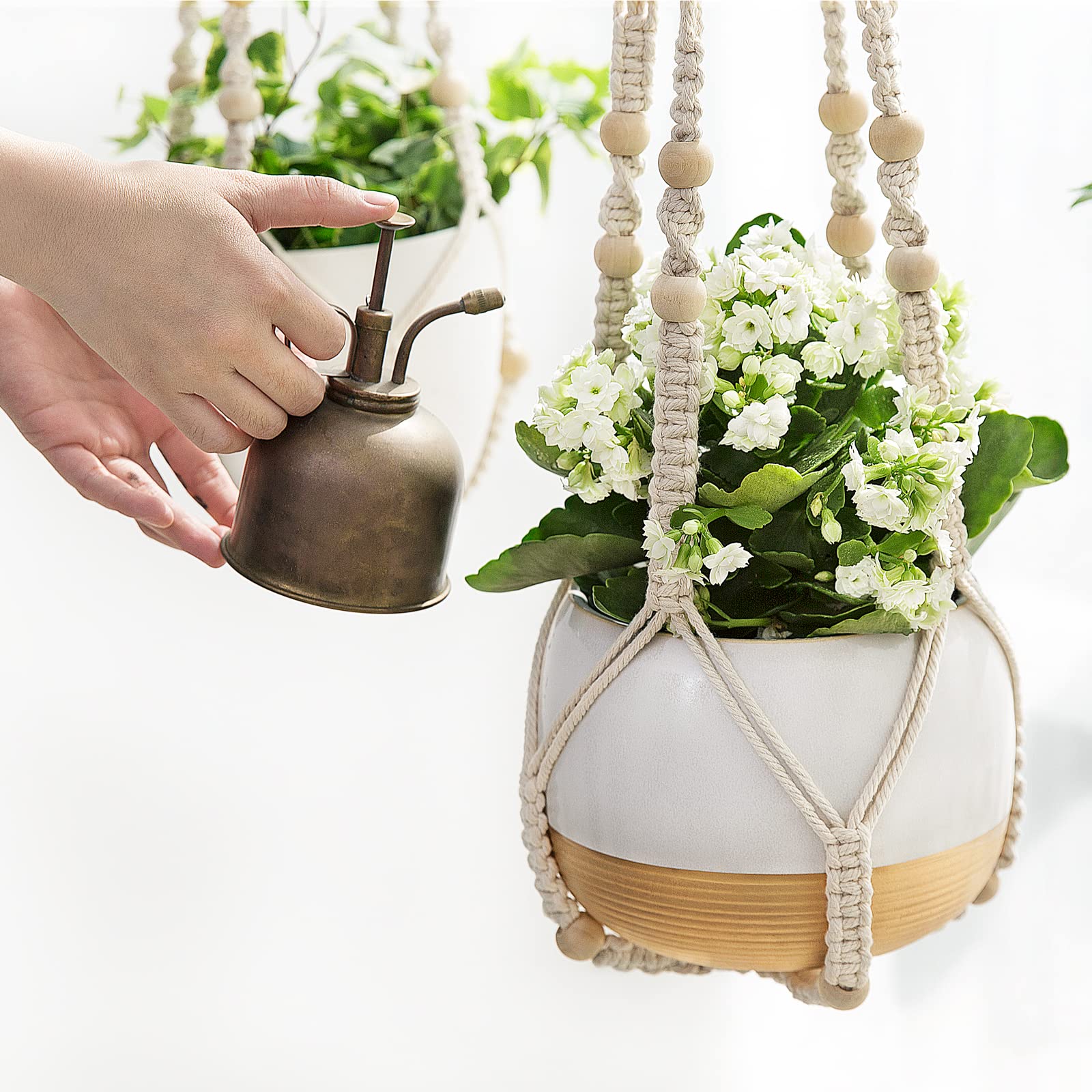 Mkouo 3 Pack Macrame Plant Hangers Indoor Hanging Planter Basket Flower Pot Holder Cotton Rope with Beads No Tassels, 58cm/73cm/89cm