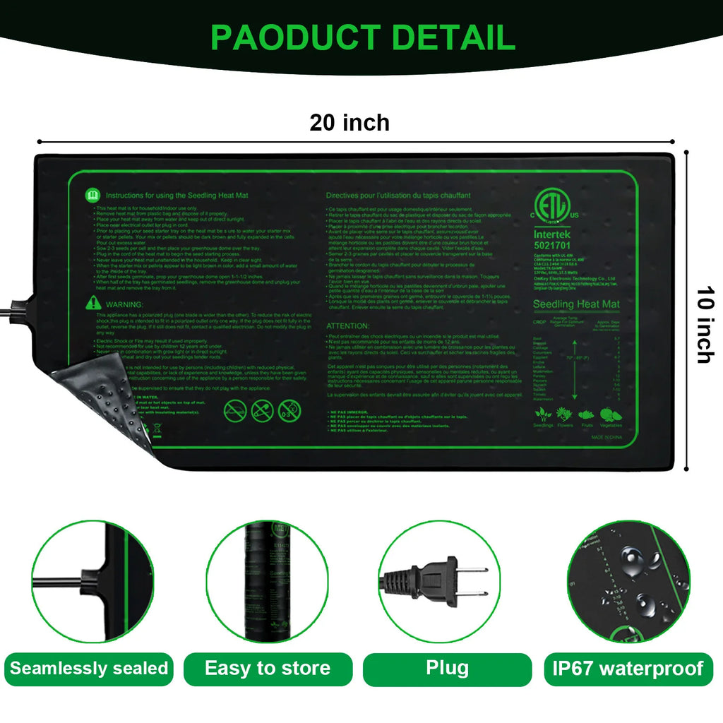 Two-pack 20x10Inch Seedling Heat Mat Waterproof Plant Heating Pad for Germination Brewing  Indoor Propagation