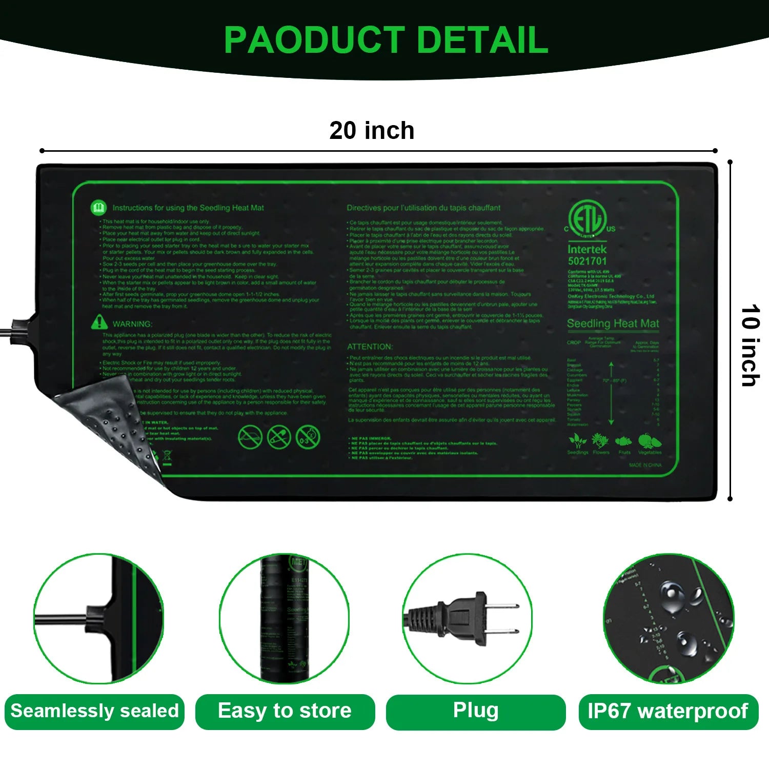 Two-pack 20x10Inch Seedling Heat Mat Waterproof Plant Heating Pad for Germination Brewing  Indoor Propagation